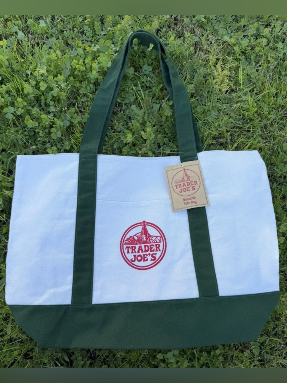 Brand New Trader Joe's Large Green Canvas Tote Bag Christmas Edition